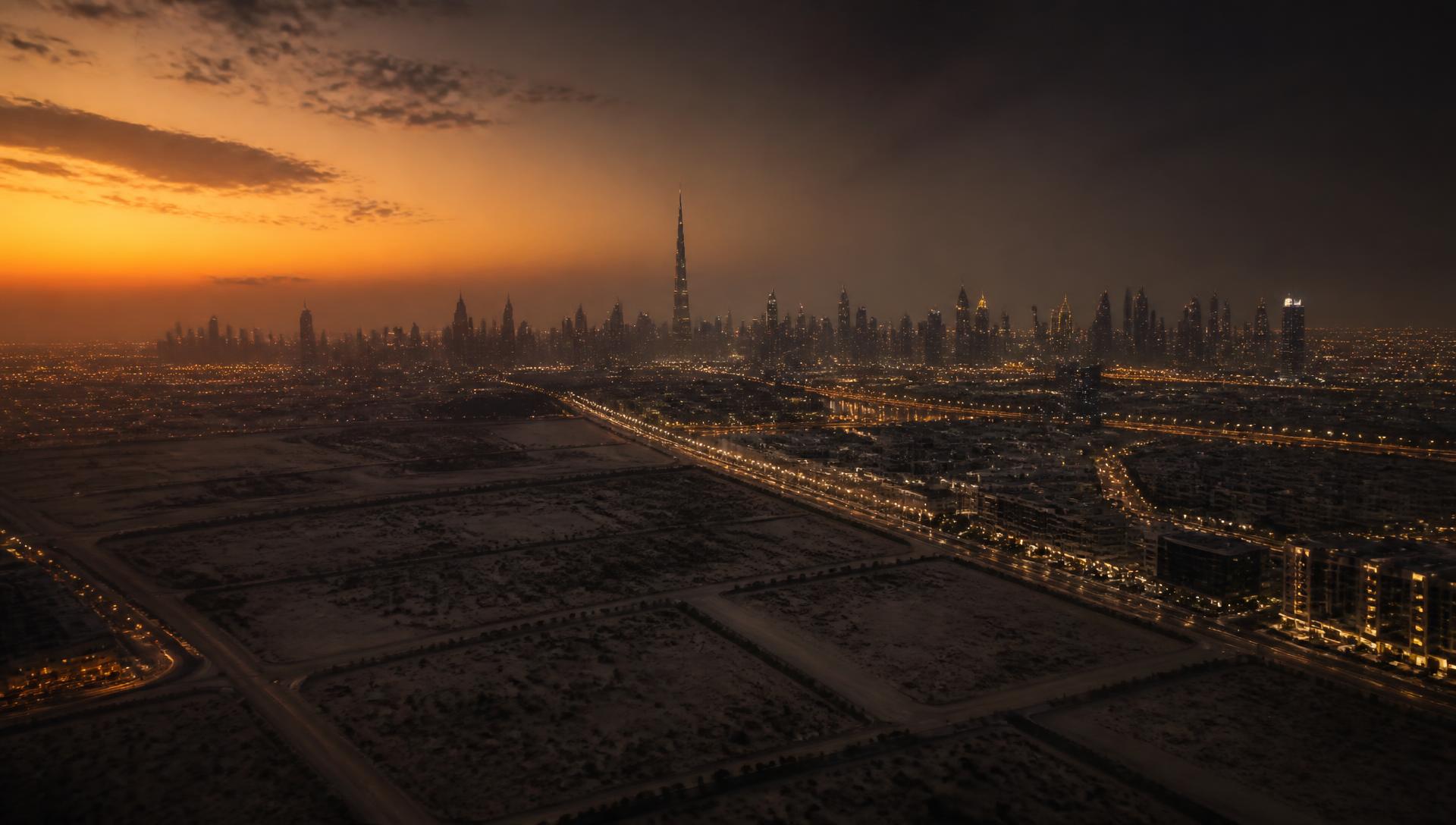 Aerial view of Dubai land parcels meeting the city skyline at dusk